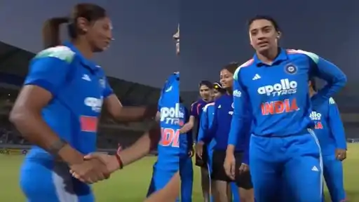 Two-frame collage of India women’s cricketers in blue jerseys: one player shakes hands in the post-match line, while another stands apart with her hand on her hip as teammates gather behind her.