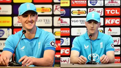Two-frame collage of an England cricketer in a light blue cap and kit at a press conference, smiling on the left and speaking into a microphone on the right, in front of a PCB sponsor backdrop