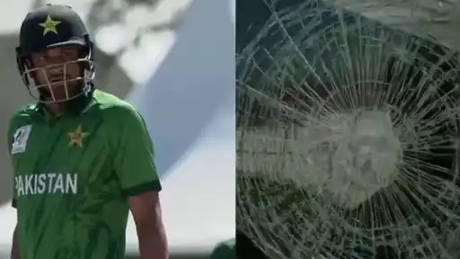 Pakistan batter in green kit and helmet next to a close-up of a shattered glass window, after Hasan Nawaz's huge six in the Asian Games 2026 semifinal