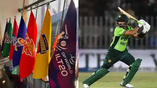 ILT20 franchise flags including Desert Vipers and Sharjah Warriorz beside a Pakistan batter in green kit playing a shot, for the ILT20 2026 auction Pakistan players sold list