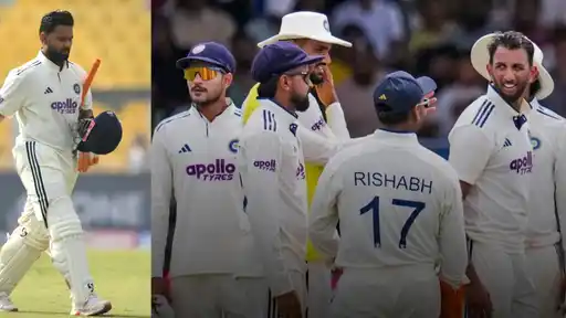 Two-frame collage of India in white Test kit: a batter walking off with his bat and helmet on the left, and players gathered in a huddle on the right, with “Rishabh” and the number 17 on the back of one shirt