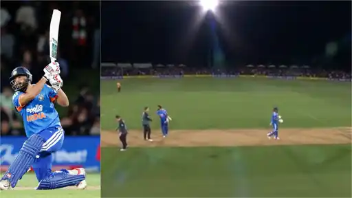 Two-frame collage: an India batter in blue kit follows through after a big hit on the left, and a wide night shot on the right shows India’s batters and New Zealand players in the middle of the pitch under floodlights