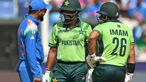 India and Pakistan cricketers talk on the field during a Champions Trophy match, as ICC receives over 1 lakh ticket applications for India vs Pakistan at ODI World Cup 2027