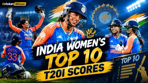 Graphic titled India Women’s Top 10 T20I Scores, showing India women’s cricketers in blue and orange kit celebrating, the BCCI crest, and a ranked list panel with ten bars