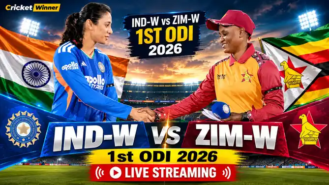 A cricketer in India’s blue kit shakes hands with a cricketer in Zimbabwe’s red and yellow kit in front of the Indian and Zimbabwean flags, above the text IND-W vs ZIM-W 1st ODI 2026 Live Streaming