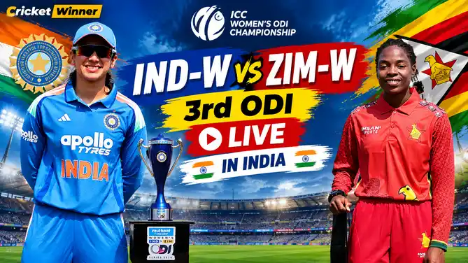 Cricket Winner graphic with an India Women player in a blue jersey and a Zimbabwe Women player in a red kit beside a trophy, with the text IND-W vs ZIM-W 3rd ODI Live in India