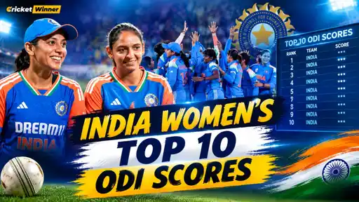 India Women’s Top 10 ODI Scores” showing two India players in blue jerseys, a team celebrating in a huddle, a BCCI crest, a ball, and a ranked “Top 10 ODI Scores” table