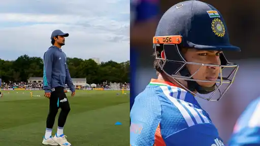 Two-frame collage: a man in a blue hoodie, black leggings and cap stands on a cricket ground with a crowd behind him on the left, and a close-up of a young India batter in a navy helmet and blue kit on the right