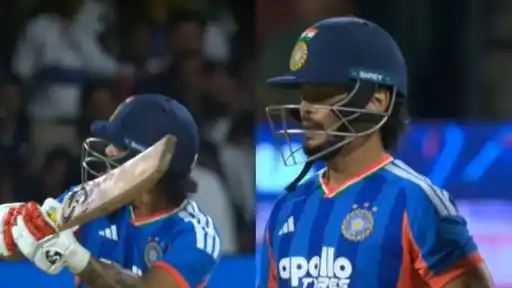 Two-frame collage of an India batter in blue T20I kit and helmet, mid-swing on the left and in close-up on the right, during the 5th T20I against West Indies at Chinnaswamy, Bengaluru