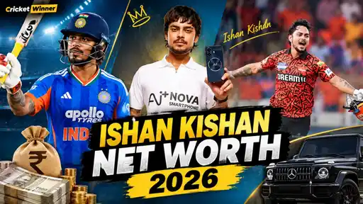 Graphic titled “Ishan Kishan Net Worth 2026” showing Ishan Kishan batting in India’s blue jersey, holding a smartphone in a white shirt, and celebrating in an orange IPL jersey, with a rupee money bag, cash, gold coins and a black Mercedes G-Class