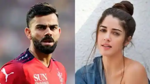 Kohli in a red cricket jersey and a woman with her hair in a bun wearing a denim top, illustrating Izabelle Leite's reaction to old Virat Kohli pictures