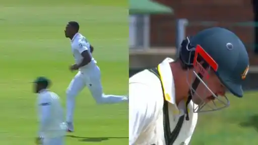 Two-frame collage from a Test match: a bowler in white sprints in during his run-up with a fielder blurred in the foreground, and a close-up of an Australian batter in a green helmet looking down