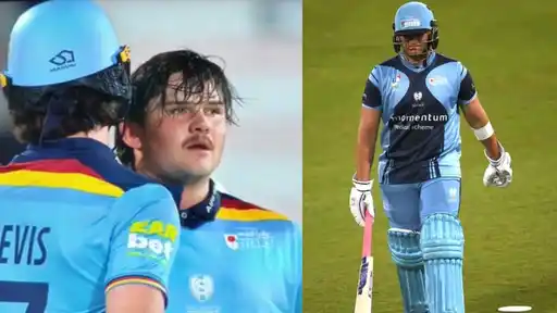 Two cricketers in light-blue Titans kit, one in close-up beside a teammate and one walking with his bat, for the Lhuan-dre Pretorius T20 record story