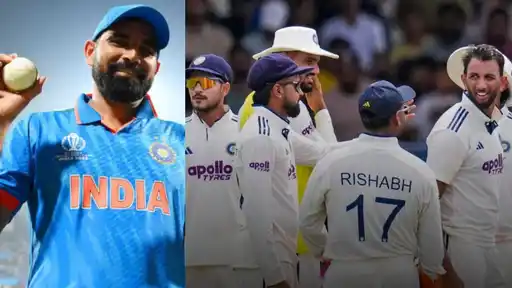 Two-frame collage: a bearded bowler in India’s blue ODI kit smiles and holds up a ball on the left, and India Test players in white gather in a huddle on the right, one with RISHABH 17 on his shirt