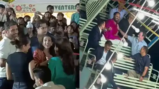 Two-frame collage from a night-time festival: a smiling crowd gathers around a few people on the left, and a group of men sit on a lit-up carnival ride on the right, one in a bright pink kurta