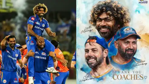 Mumbai Indians coaching staff graphic for the story on MI parting ways with Lasith Malinga and Kieron Pollard becoming head coach for IPL 2027.