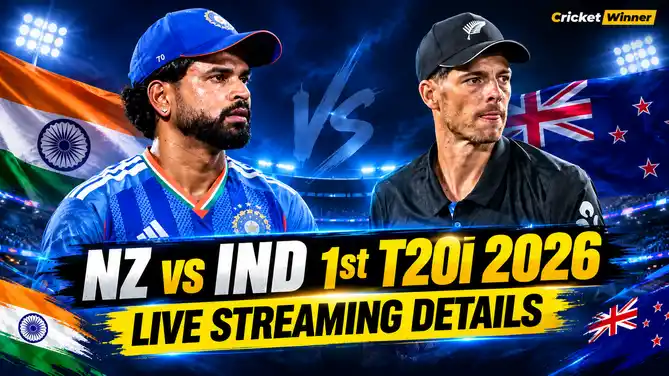 Two cricketers in India’s blue kit and a New Zealand black polo stand in front of the Indian and New Zealand flags, above the text NZ vs IND 1st T20I 2026 live streaming details