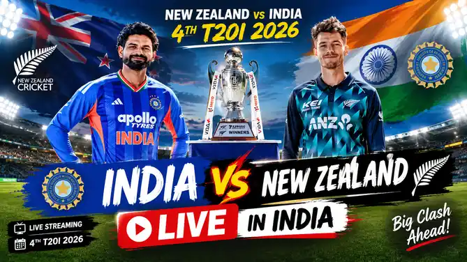 Graphic showing how to watch the New Zealand vs India 4th T20I 2026 live in India, with date, 12:30 PM IST timing, Auckland venue, TV channel and live streaming details