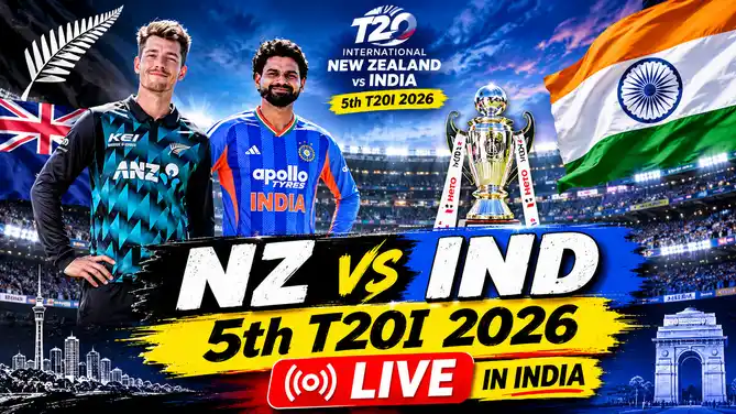 Graphic showing how to watch the New Zealand vs India 5th T20I 2026 live in India, with date, IST timing, venue, TV channel and live streaming details