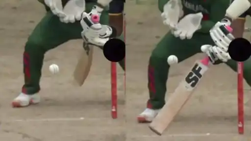 Two replay freeze-frames show the ball bouncing near a batter's bat and pads as the Bangladesh wicketkeeper gathers behind the stumps, the moment behind Nitin Menon's decision