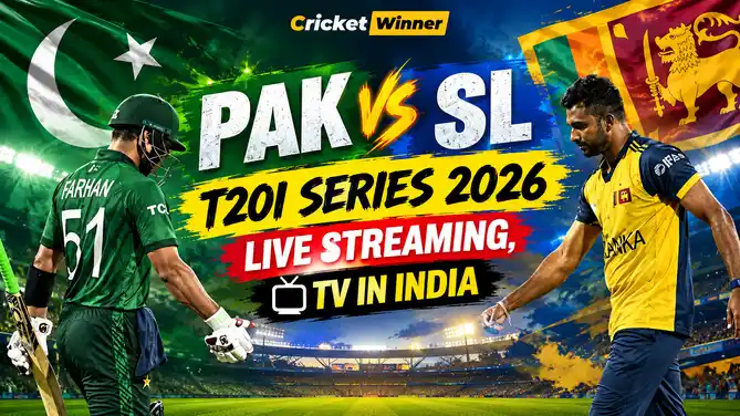 PAK vs SL T20I series 2026 showing a Pakistan player in green with the Pakistan flag and a Sri Lanka player in yellow with the Sri Lanka flag, with text on live streaming and TV in India