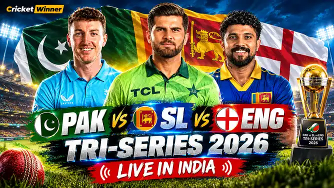 Three cricketers in light blue, green and blue-and-yellow kits stand in front of the Pakistan, Sri Lanka and England flags, above the text PAK vs SL vs ENG Tri-Series 2026 Live in India, with a series trophy at right