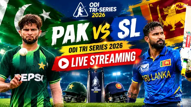 Graphic showing how to watch the Pakistan vs Sri Lanka ODI Tri Series 2026 clash live in India, with date, Lahore venue, 1:30 PM IST timing and live streaming details