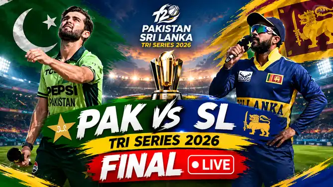 Graphic showing how to watch the Pakistan vs Sri Lanka ODI Tri Series 2026 final live in India, with date, venue, IST timing and live streaming details