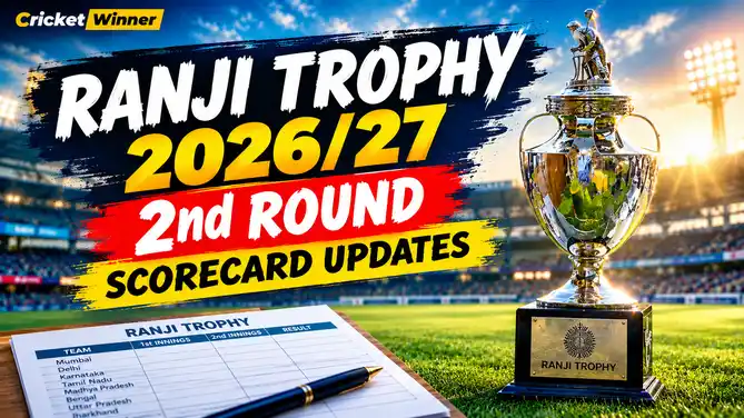 Graphic with the text Ranji Trophy 2026/27 2nd Round Scorecard Updates, showing the Ranji Trophy on a cricket ground beside a scorecard sheet and pen