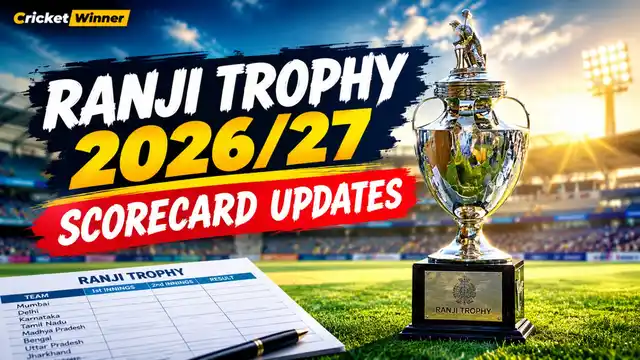 Graphic for Ranji Trophy 2026/27 scorecard updates and best performers across Elite Groups A, B, C and D.