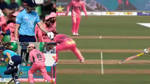 Harry Brook walking off in England’s blue kit after being run out by Razaullah’s throw, with Pakistan fielders in pink and the stumps broken during the PAK vs ENG Tri-Series 2026