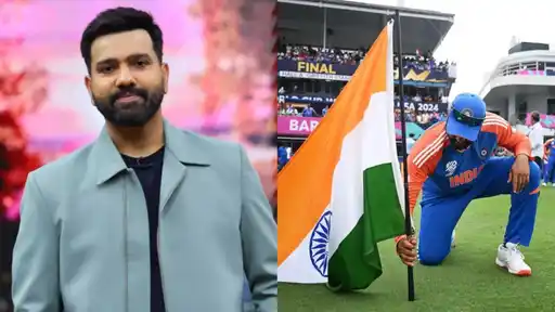 Rohit Sharma in a green jacket on the left and an India player kneeling beside the Indian flag on the pitch at the 2024 T20 World Cup final on the right.