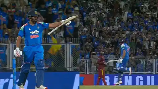 Rohit Sharma performing his jumping dance celebration after scoring his 35th ODI hundred in the IND vs WI 2nd ODI