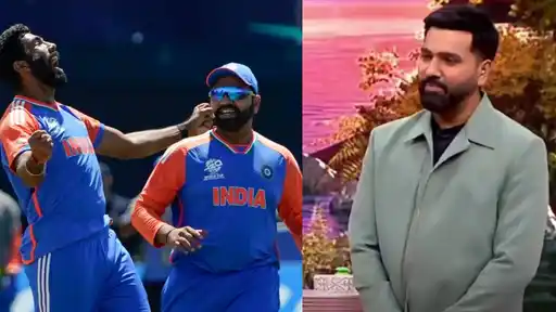 Jasprit Bumrah celebrates in India’s T20 World Cup jersey beside a smiling Rohit Sharma in sunglasses; on the right, Rohit Sharma in a sage green jacket stands on a TV show set.