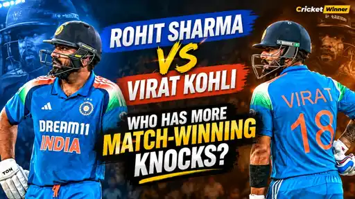 Rohit Sharma and Virat Kohli in India's blue jerseys on a CricketWinner graphic comparing who has more match-winning innings, centuries in wins and awards
