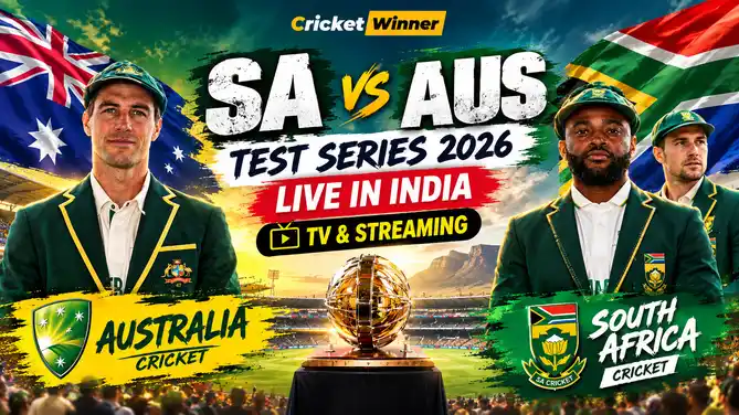 SA vs AUS Test series 2026 showing players in Australia and South Africa blazers beside their flags and logos, with text on live TV and streaming in India