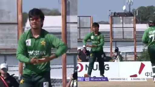 Pakistan bowler Saim Ayub in green kit performs a hands-together, dance-style celebration after dismissing Vaibhav Sooryavanshi in the IND vs PAK Asian Games 2026 gold medal match