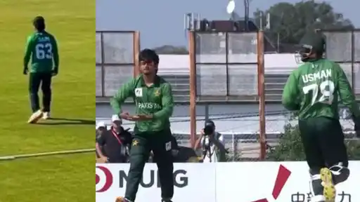 Pakistan fielder in a green shirt reading SAIM 63 stands on the outfield beside a frame of a bowler making a hands-together celebration