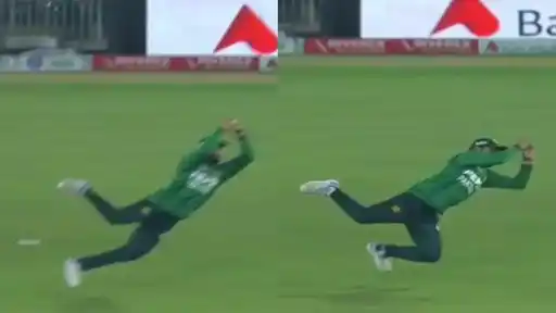 Pakistan fielder Shadab Khan stretches fully horizontal in mid-air, shown in two frames, as he takes a diving catch against Sri Lanka in the 1st T20I at Rawalpindi.
