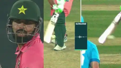 Pakistan batter in pink kit and green helmet plays a front-foot shot during the PAK vs ENG Tri-Series 2026 match, with the ball near his pads