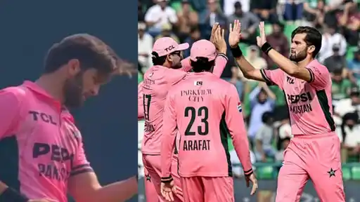Shaheen Afridi in Pakistan’s pink kit celebrates with teammates after dismissing Tom Banton for his 150th ODI wicket in the PAK vs ENG Tri-Series 2026
