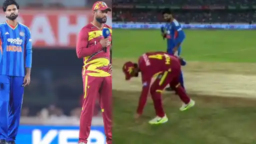 India and West Indies captains stand with microphones on the left, and a West Indies player bends down on the pitch to check the coin on the right.