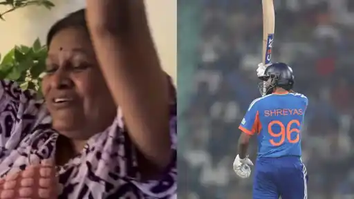 Shreyas Iyer's mother celebrating on video at home, beside Shreyas Iyer, wearing jersey number 96, raising his bat after his maiden T20I century vs West Indies
