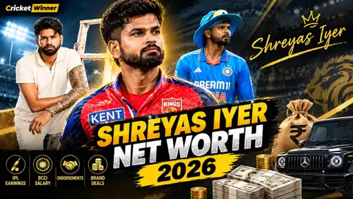 Shreyas Iyer net worth 2026 graphic showing the cricketer in Punjab Kings, India and casual looks, with icons for IPL earnings, BCCI salary, endorsements and brand deals