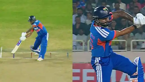 India captain Shreyas Iyer, shown in two frames, steps forward and swings through the line for an unbelievable six over covers against West Indies in the 2nd T20I at Ranchi