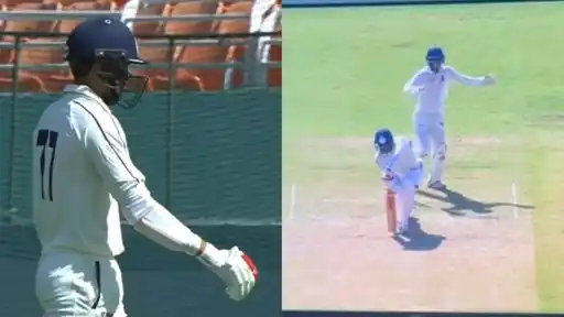 Two-frame collage: a batter in white kit with number 77 walks off with his bat under his arm, and a second frame shows a batter hit on the pads while a fielder appeals behind him