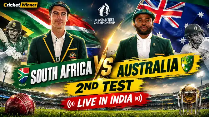 Two cricketers in Test blazers stand in front of South Africa and Australia flags, with a batter on each side, above the text South Africa vs Australia 2nd Test Live in India and an ICC World Test Championship logo