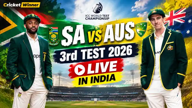 Graphic showing how to watch the South Africa vs Australia 3rd Test 2026 live in India, with date, IST timings, venue, TV channel and live streaming details