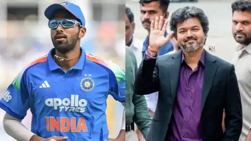 Split image of an India cricketer in blue Apollo Tyres kit and sunglasses beside a man in a black blazer and purple shirt waving, for the Tamil Nadu CM Vijay ₹75 lakh prize for Washington Sundar story