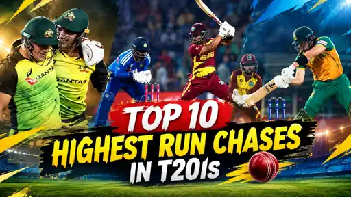 Cricketers in Australia, India, West Indies and South Africa kits, batting and celebrating in floodlit stadiums, with the text “Top 10 Highest Run Chases in T20Is” and a red cricket ball in the foreground